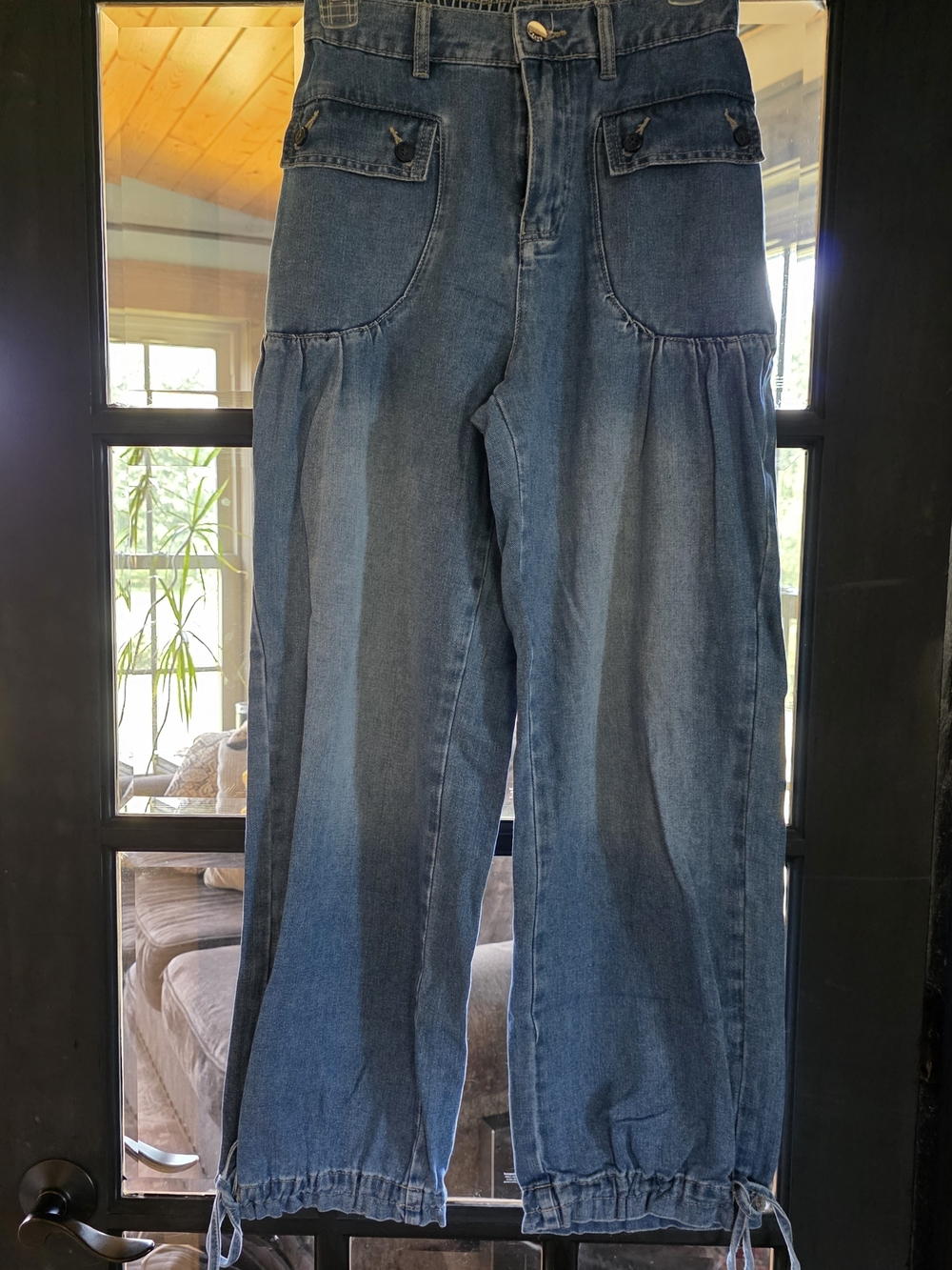 Amazon Women's Mid Blue Wide-Leg Denim Jeans with Drawstring Hems